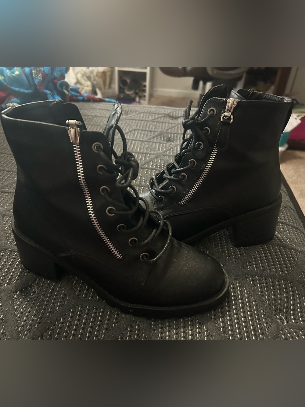 Women’s Black Lace-Up Heeled Ankle Boots with Side Zipper